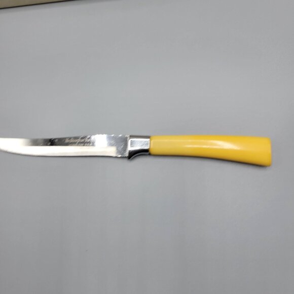 Vtg MCM Washington Forge Steak Knife Set Bakelite Yellow Handles Original Box - Picture 9 of 14